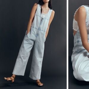 Pilcro Zip Front Wide Leg Denim Overalls with Lace Detail